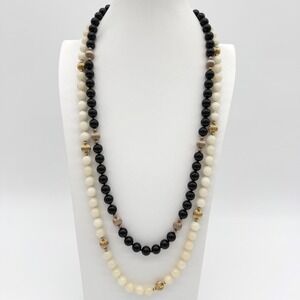 Vintage Black & White Glass Bead Necklace Set Gold Tone Long Layered Strand Duo